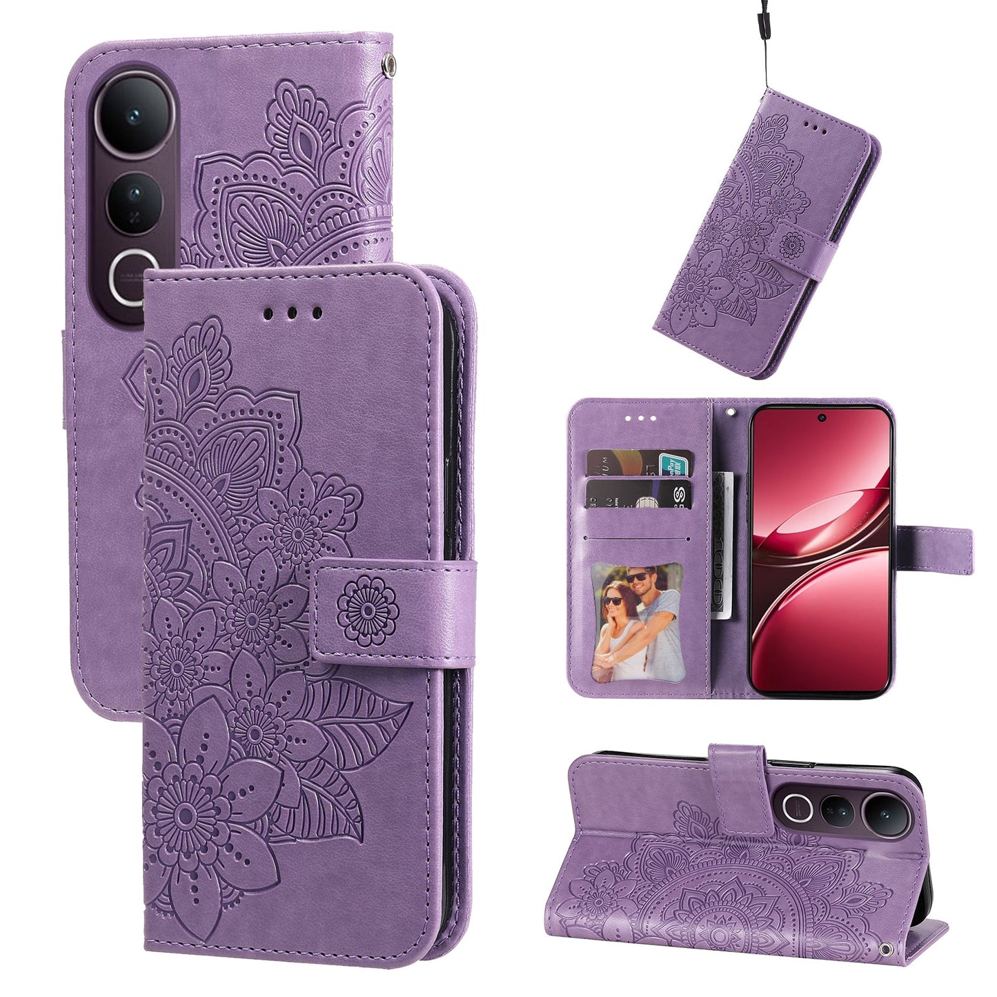 For vivo V50 Lite 4G Case Floral Pattern PU Leather Wallet Stand Phone Cover - Purple