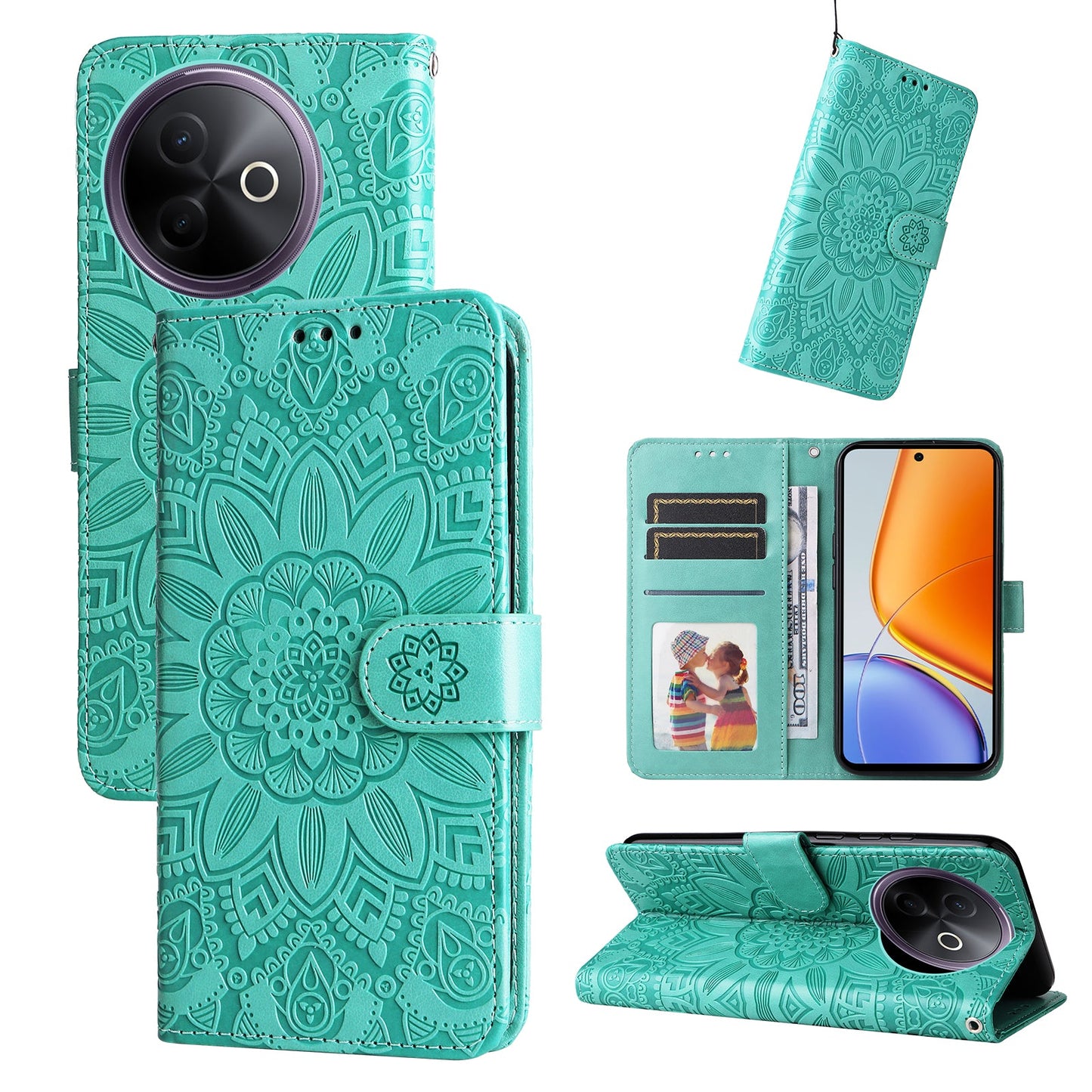 For vivo Y300i 5G / vivo Y39 5G Case Sunflower Imprint Leather Wallet Phone Cover - Green