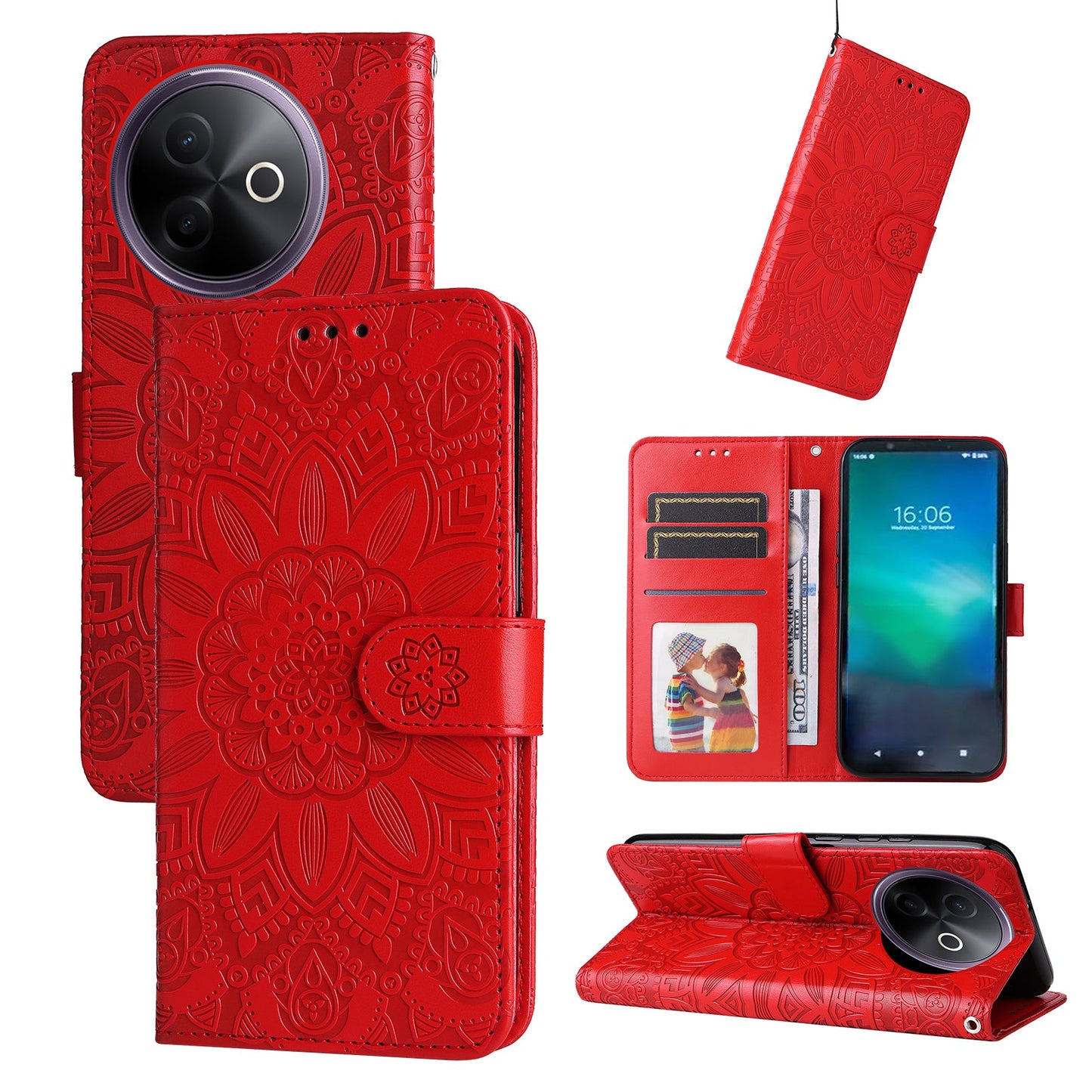 For vivo Y300i 5G / vivo Y39 5G Case Sunflower Imprint Leather Wallet Phone Cover - Red