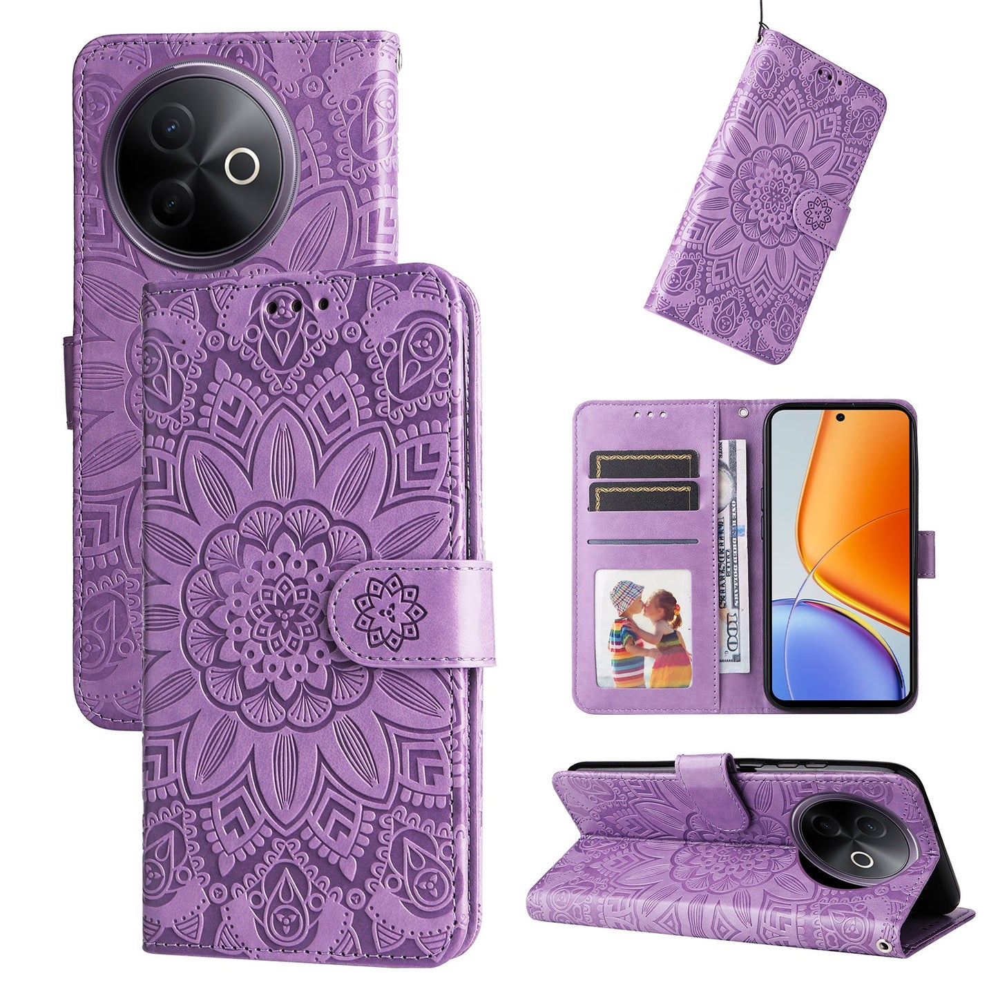 For vivo Y300i 5G / vivo Y39 5G Case Sunflower Imprint Leather Wallet Phone Cover - Purple