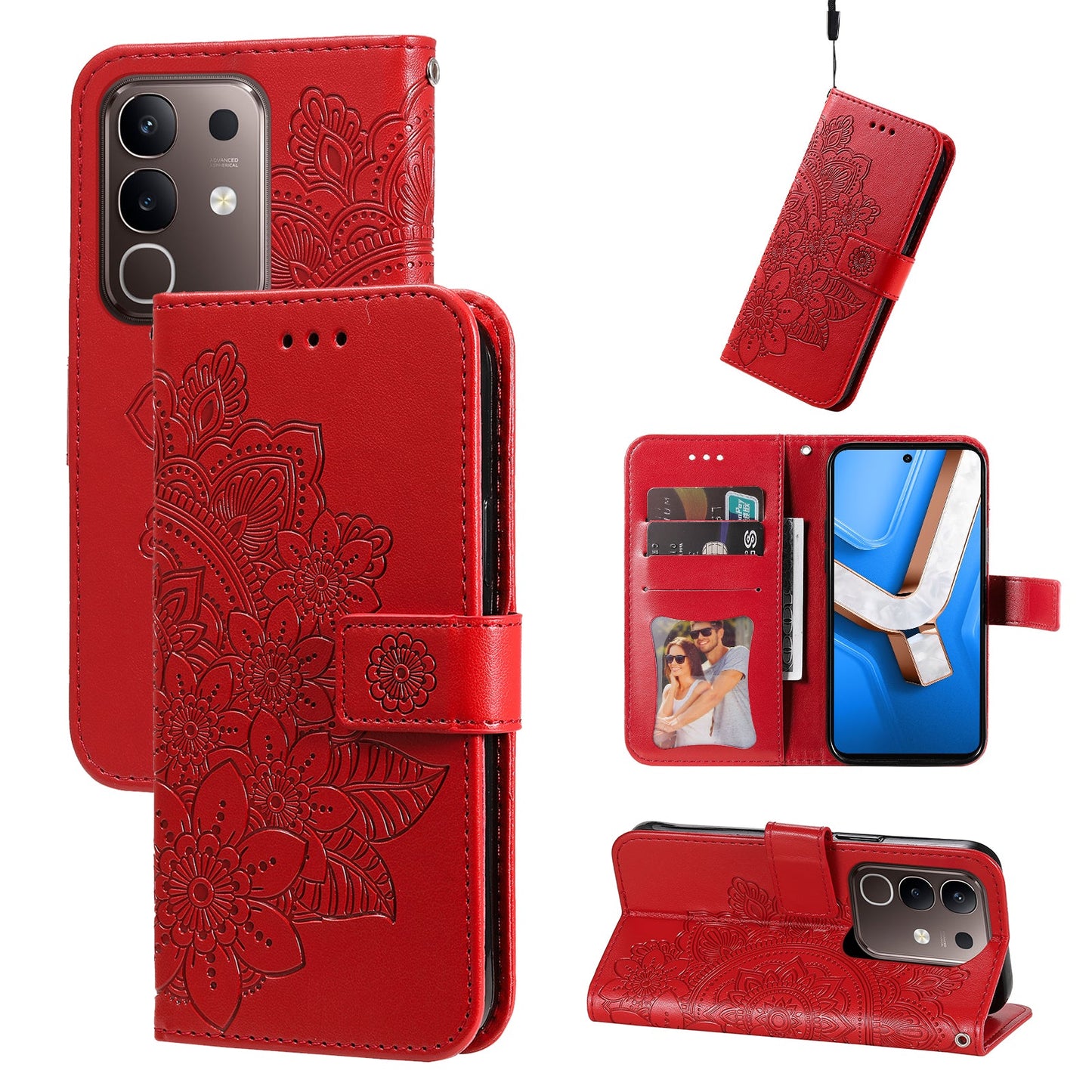 For vivo Y29 4G Case Floral Pattern PU Leather Wallet Stand Phone Cover - Red
