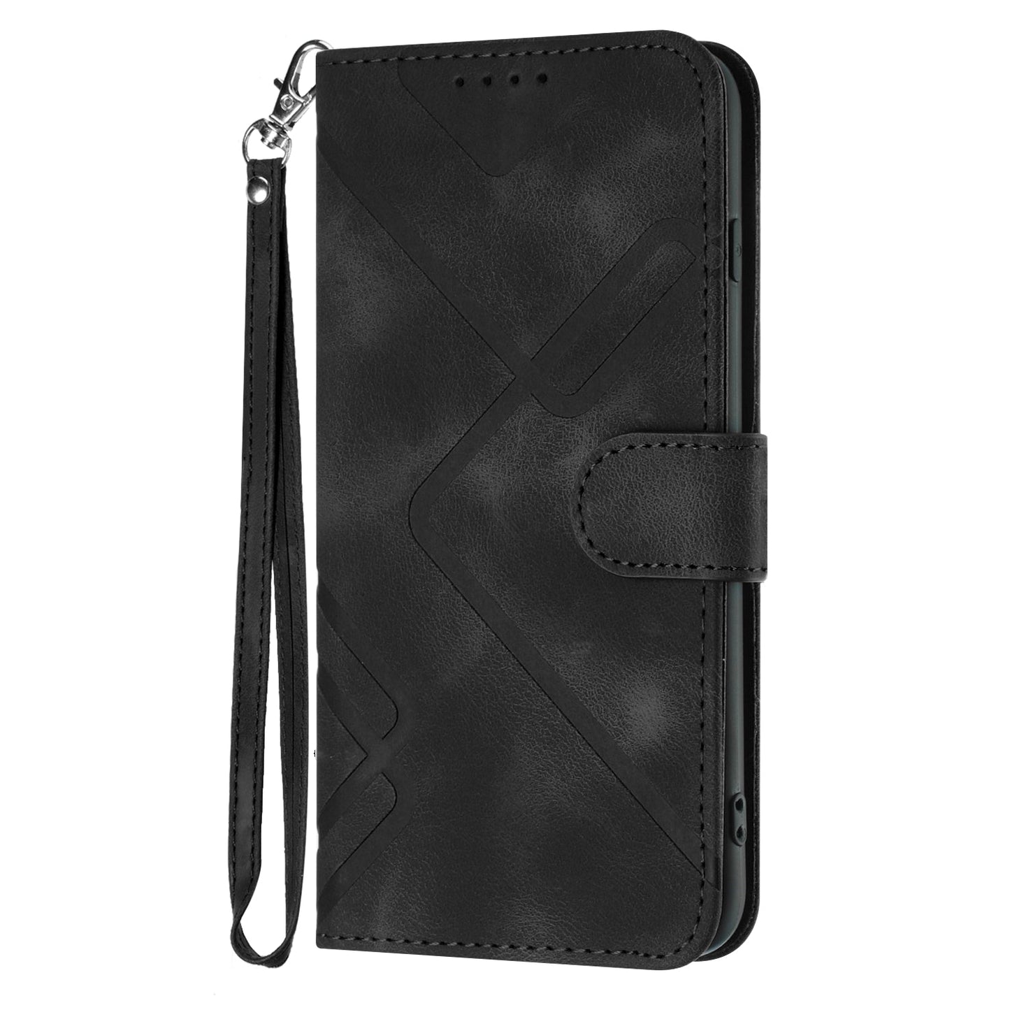 For Samsung Galaxy M16 5G / Galaxy F16 5G Wallet Case Line Imprinted PU Leather Phone Cover with Strap - Black