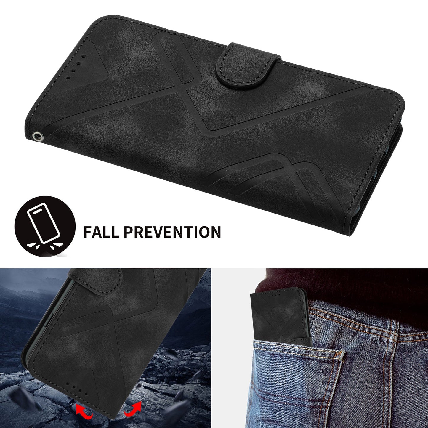 For Samsung Galaxy M16 5G / Galaxy F16 5G Wallet Case Line Imprinted PU Leather Phone Cover with Strap - Black