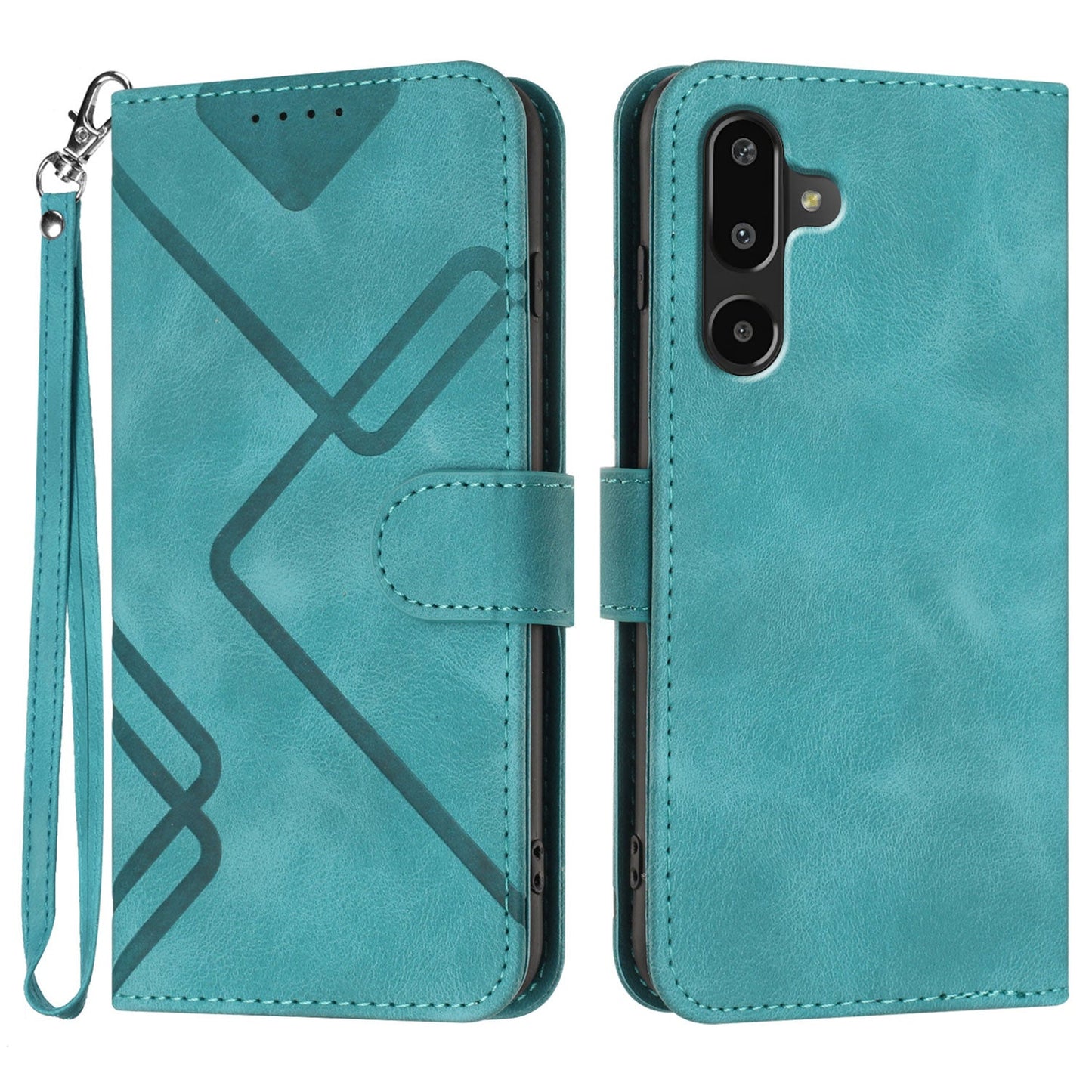 For Samsung Galaxy M16 5G / Galaxy F16 5G Wallet Case Line Imprinted PU Leather Phone Cover with Strap - Light Blue