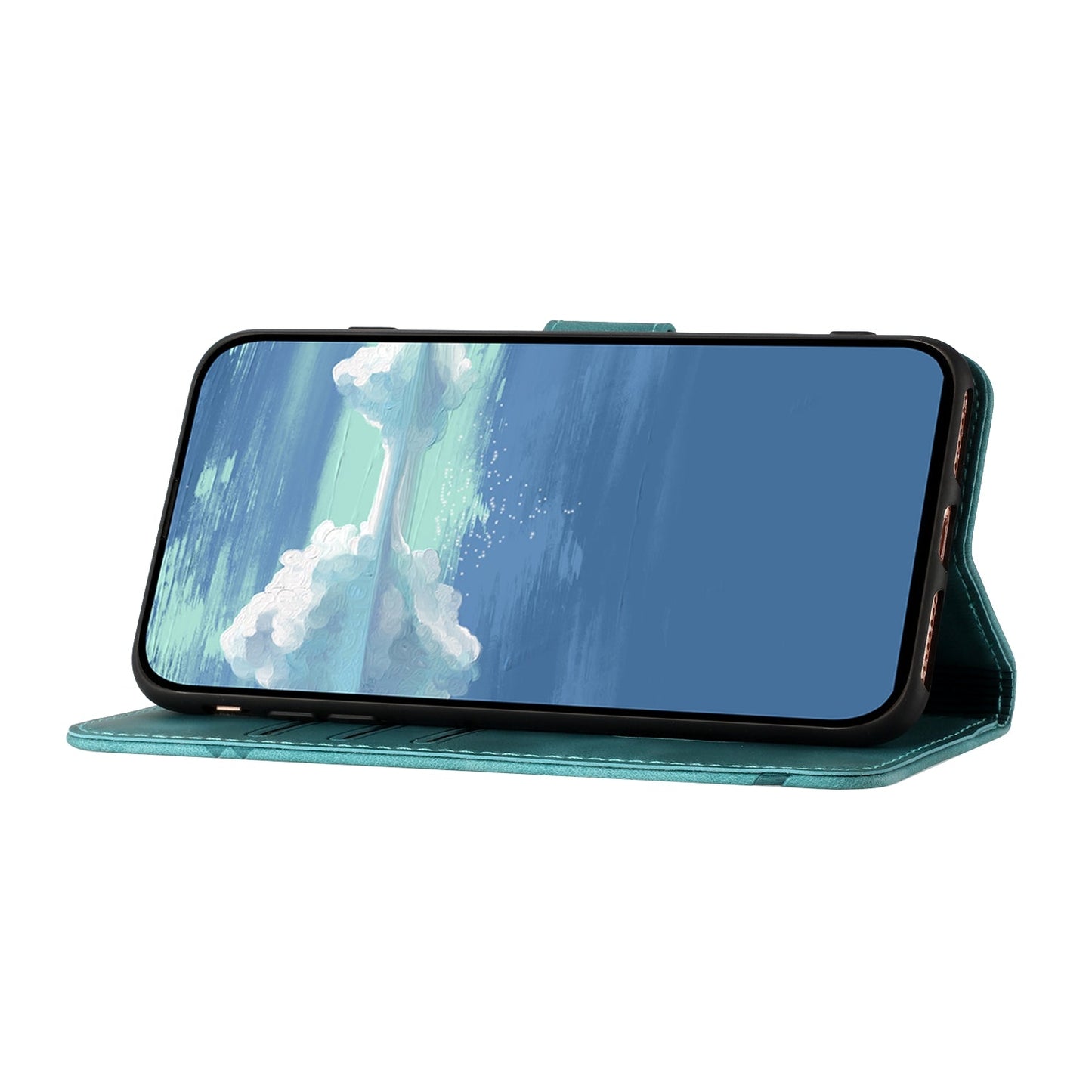 For Samsung Galaxy M16 5G / Galaxy F16 5G Wallet Case Line Imprinted PU Leather Phone Cover with Strap - Light Blue