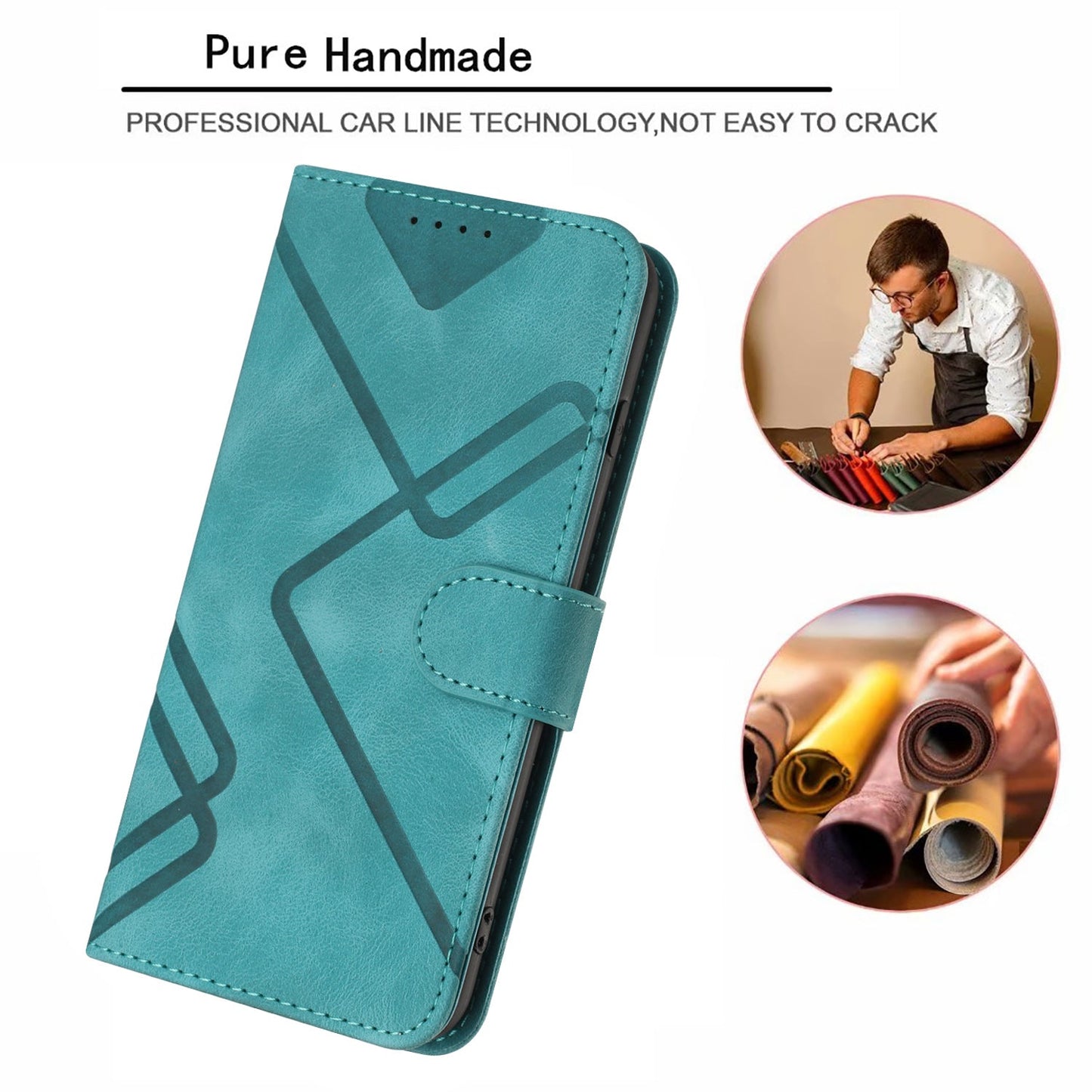 For Samsung Galaxy M16 5G / Galaxy F16 5G Wallet Case Line Imprinted PU Leather Phone Cover with Strap - Light Blue