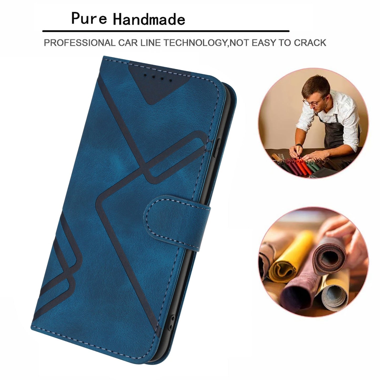 For Samsung Galaxy M16 5G / Galaxy F16 5G Wallet Case Line Imprinted PU Leather Phone Cover with Strap - Royal Blue
