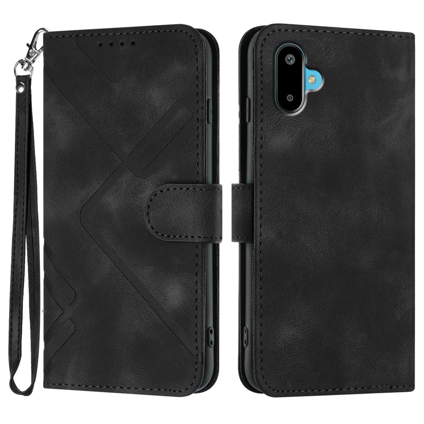 For Samsung Galaxy M06 5G / Galaxy F06 5G Wallet Case Line Imprinted PU Leather Phone Cover with Strap - Black