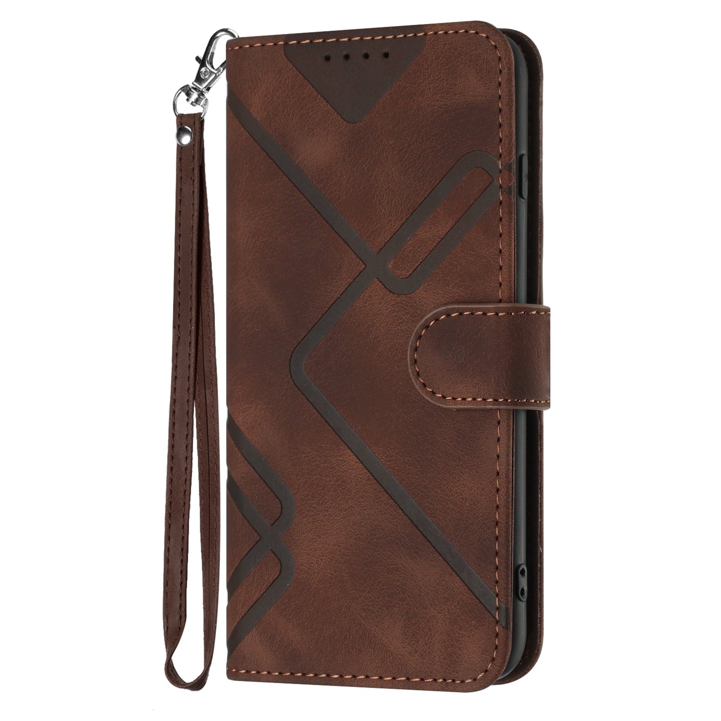 For Samsung Galaxy M06 5G / Galaxy F06 5G Wallet Case Line Imprinted PU Leather Phone Cover with Strap - Brown
