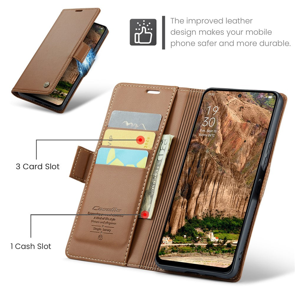 For Oppo Reno13 F 4G / Oppo Reno13 F 5G Case CASEME 023 Series RFID Blocking Leather Wallet Stand Phone Cover - Brown