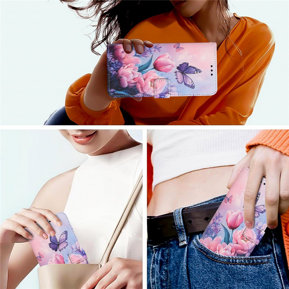 YX-2501 For Oppo Reno13 5G (Global) Case Pattern Printing PU Leather Wallet Phone Cover with Lanyard - Pink Flower Butterfly