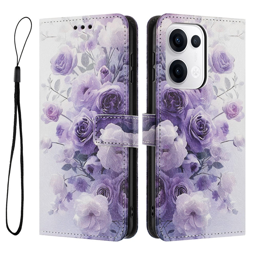 YX-2501 For Oppo Reno13 5G (Global) Case Pattern Printing PU Leather Wallet Phone Cover with Lanyard - Purple Rose