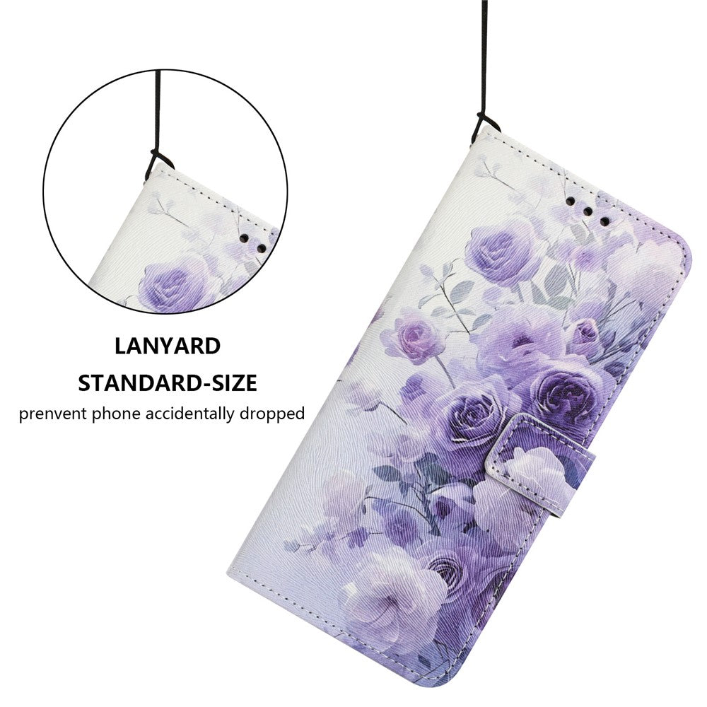 YX-2501 For Oppo Reno13 5G (Global) Case Pattern Printing PU Leather Wallet Phone Cover with Lanyard - Purple Rose