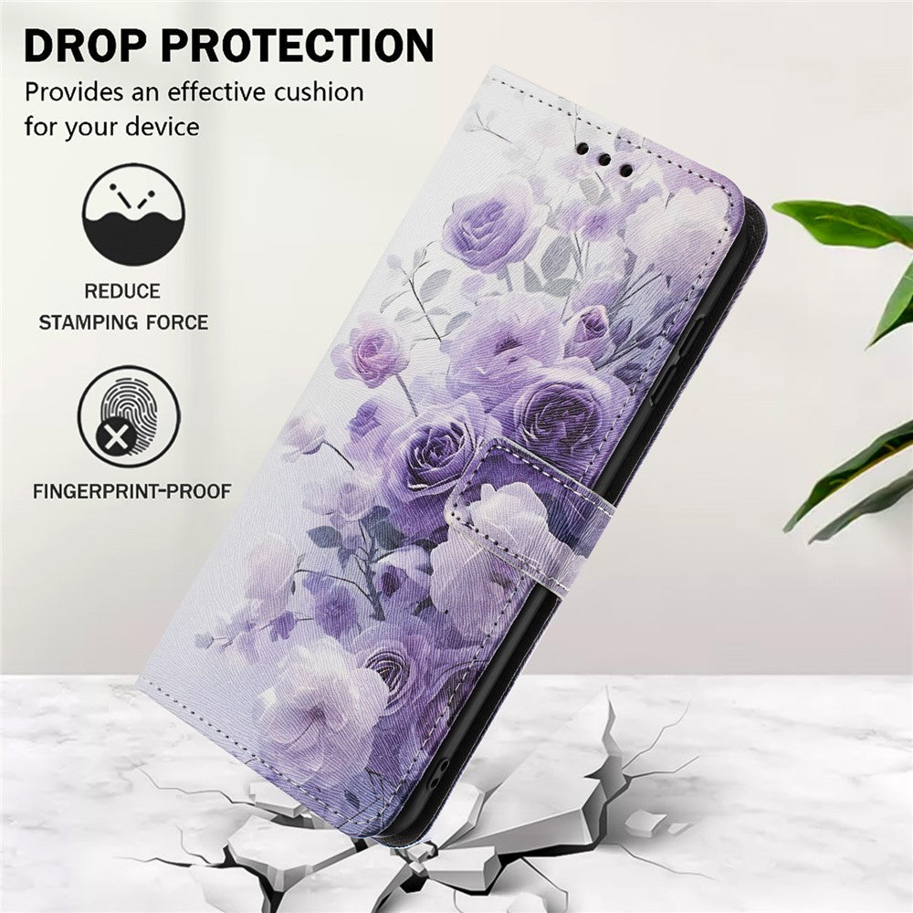 YX-2501 For Oppo Reno13 5G (Global) Case Pattern Printing PU Leather Wallet Phone Cover with Lanyard - Purple Rose