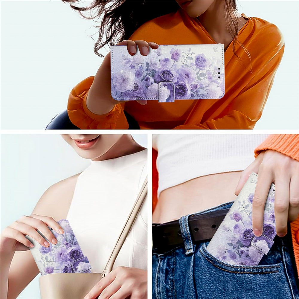 YX-2501 For Oppo Reno13 5G (Global) Case Pattern Printing PU Leather Wallet Phone Cover with Lanyard - Purple Rose