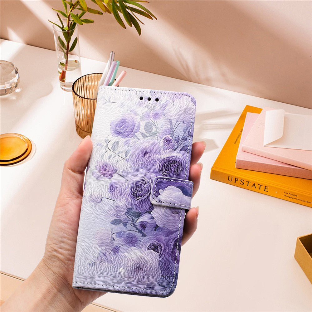 YX-2501 For Oppo Reno13 5G (Global) Case Pattern Printing PU Leather Wallet Phone Cover with Lanyard - Purple Rose