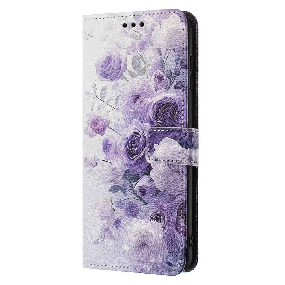 YX-2501 For Oppo Reno13 5G (Global) Case Pattern Printing PU Leather Wallet Phone Cover with Lanyard - Purple Rose