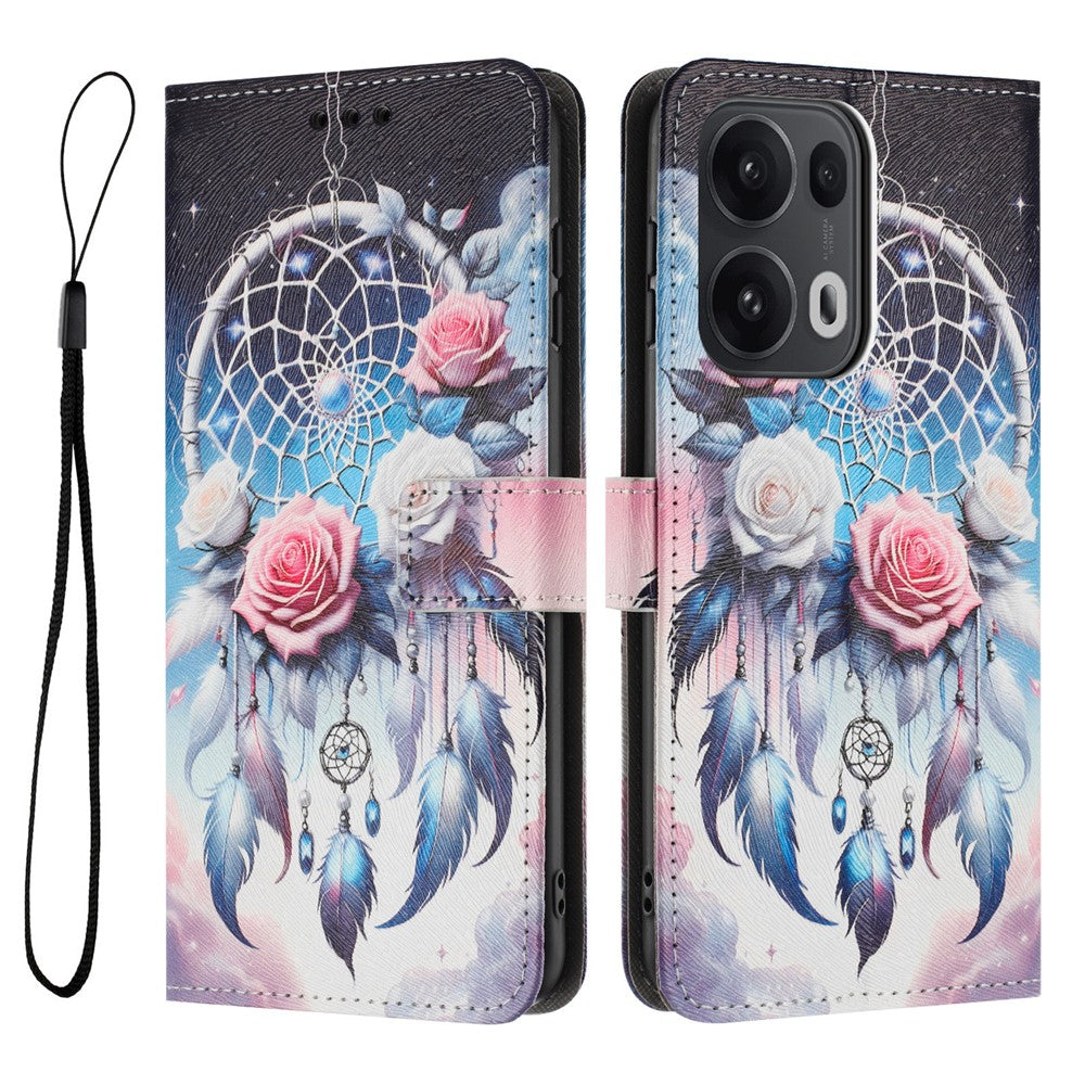 YX-2501 For Oppo Reno13 Pro 5G Case Pattern Printing PU Leather Wallet Phone Cover with Lanyard - Flower Wind Chime