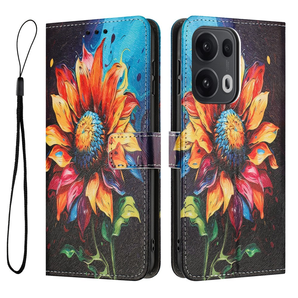 YX-2501 For Oppo Reno13 Pro 5G Case Pattern Printing PU Leather Wallet Phone Cover with Lanyard - Sunflower