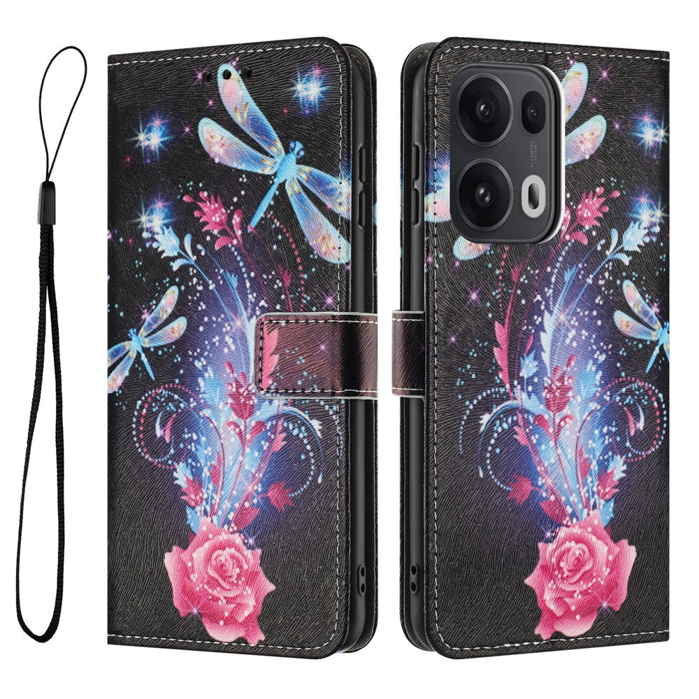 YX-2501 For Oppo Reno13 Pro 5G Case Pattern Printing PU Leather Wallet Phone Cover with Lanyard - Dragonfly