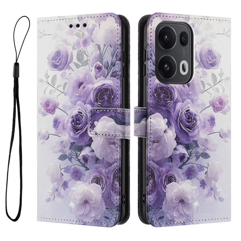 YX-2501 For Oppo Reno13 Pro 5G Case Pattern Printing PU Leather Wallet Phone Cover with Lanyard - Purple Rose