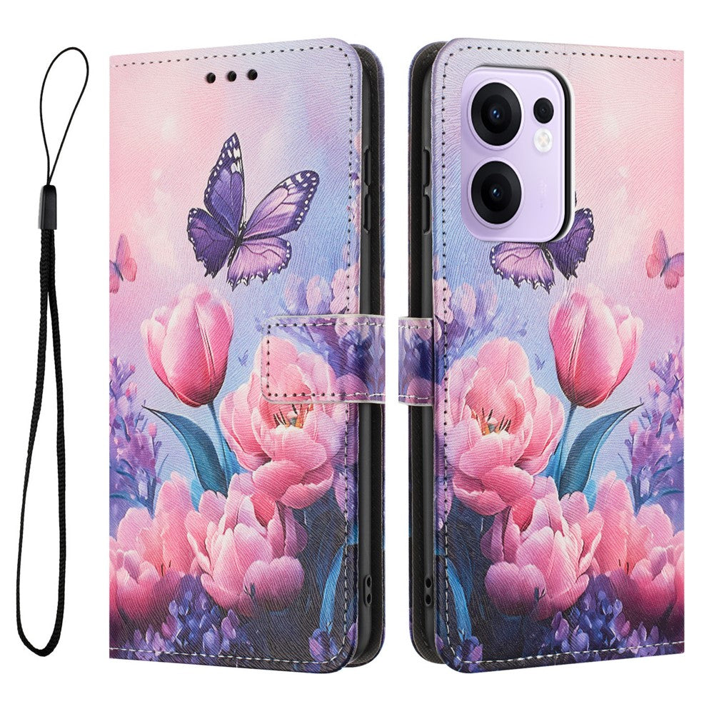 YX-2501 For Oppo Reno13 F 5G  /  4G Case Pattern Printing PU Leather Wallet Phone Cover with Lanyard - Pink Flower Butterfly