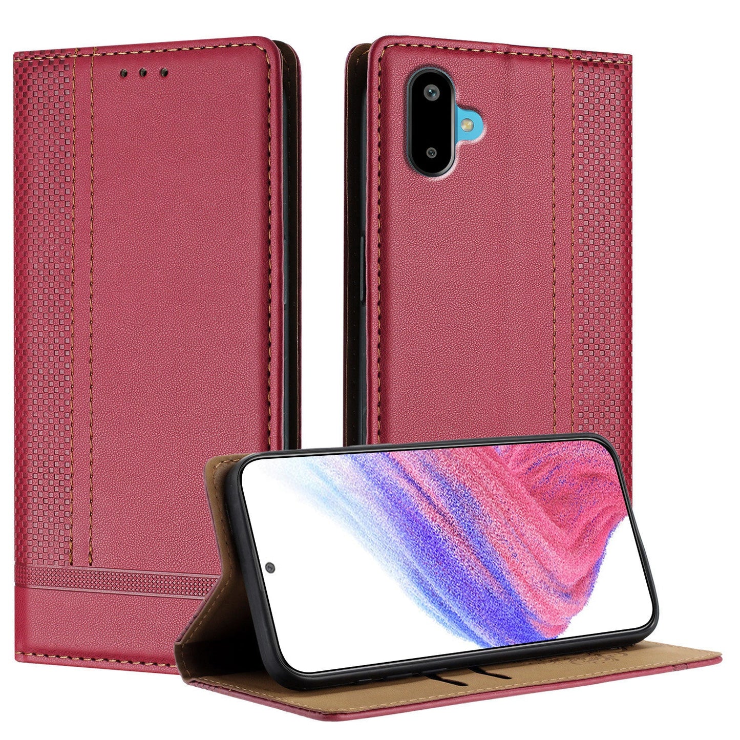 For Samsung Galaxy M06 5G / Galaxy F06 5G Case L-Shaped Grid Pattern Leather Stand Phone Cover with Card Slots - Red
