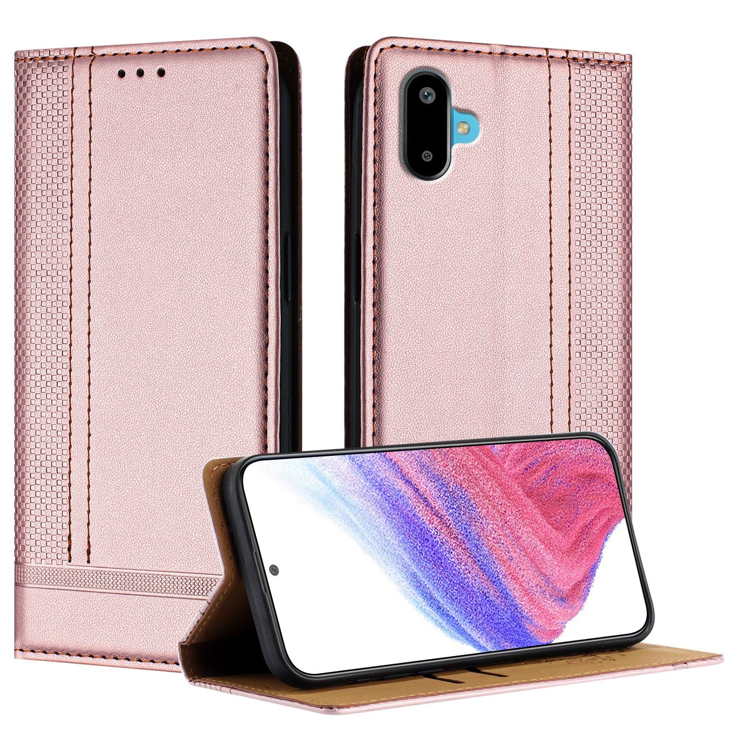 For Samsung Galaxy M06 5G / Galaxy F06 5G Case L-Shaped Grid Pattern Leather Stand Phone Cover with Card Slots - Rose Gold