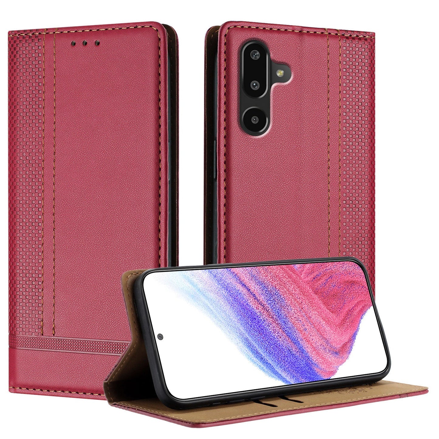 For Samsung Galaxy M16 5G / Galaxy F16 5G Case L-Shaped Grid Pattern Leather Stand Phone Cover with Card Slots - Red