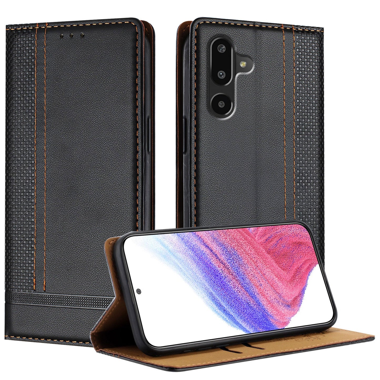 For Samsung Galaxy M16 5G / Galaxy F16 5G Case L-Shaped Grid Pattern Leather Stand Phone Cover with Card Slots - Black