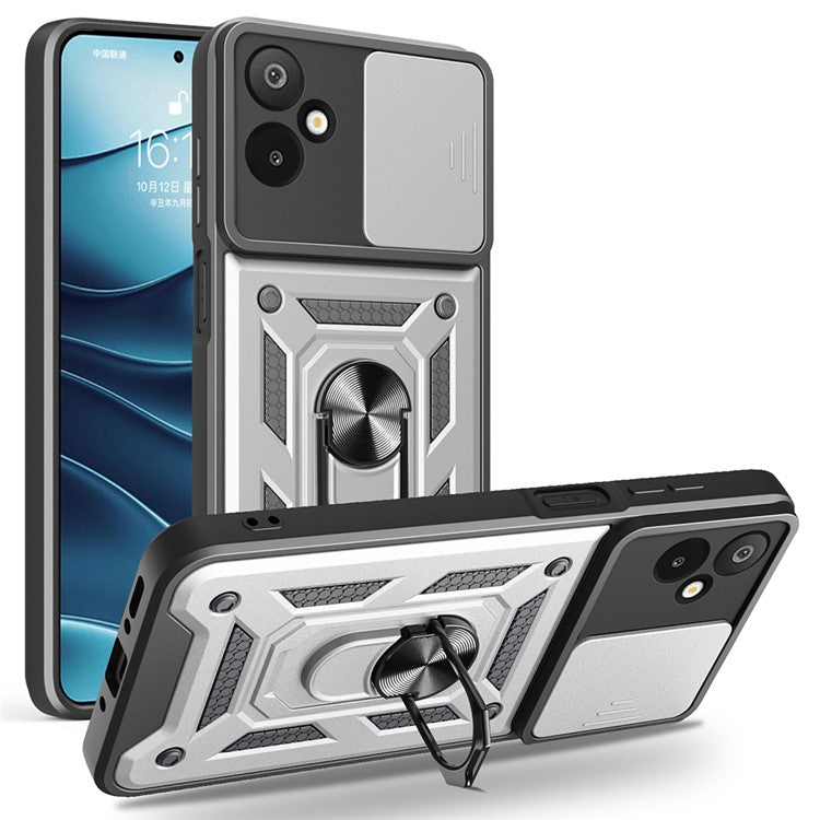 For Samsung Galaxy F06 5G / M06 5G Case with Slide Camera Lid PC + TPU Kickstand Phone Cover - Silver