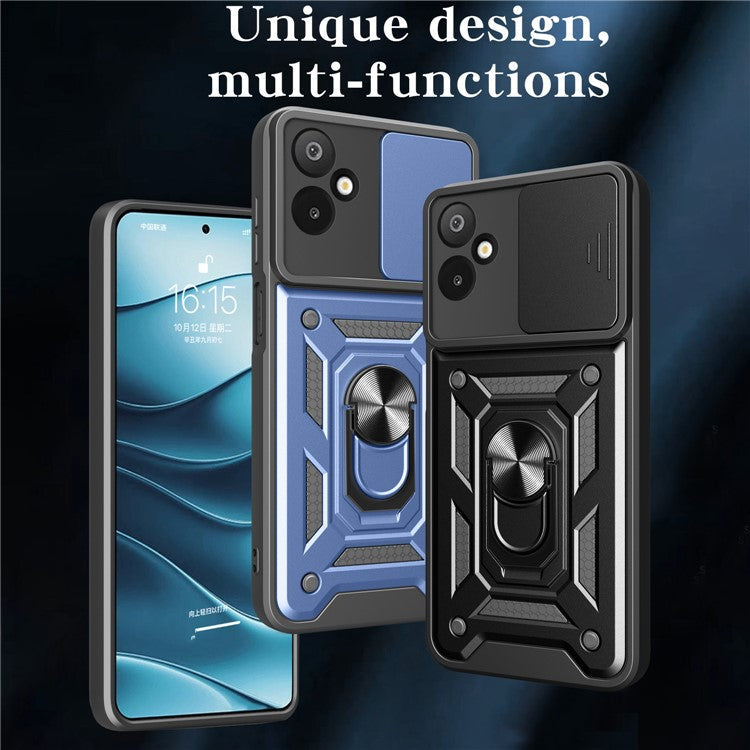 For Samsung Galaxy F06 5G / M06 5G Case with Slide Camera Lid PC + TPU Kickstand Phone Cover - Blue