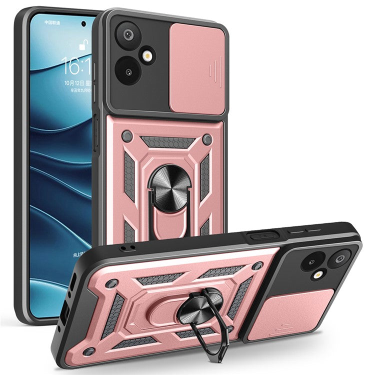 For Samsung Galaxy F06 5G / M06 5G Case with Slide Camera Lid PC + TPU Kickstand Phone Cover - Rose Gold