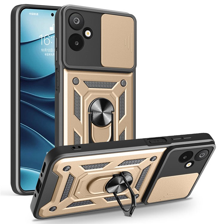 For Samsung Galaxy F06 5G / M06 5G Case with Slide Camera Lid PC + TPU Kickstand Phone Cover - Gold