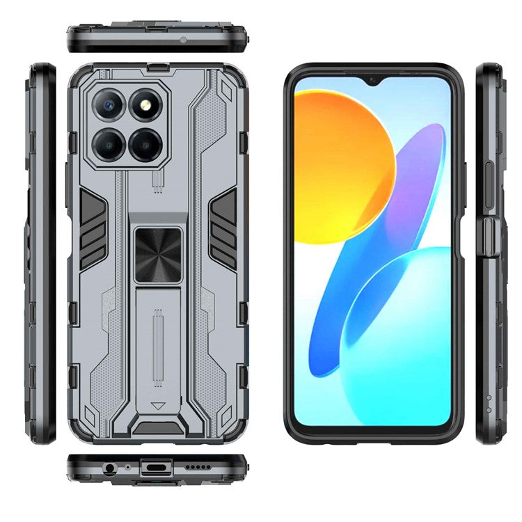 For Honor X8 5G Kickstand Phone Case Anti-drop Hard PC Soft TPU Shockproof Cover - Grey