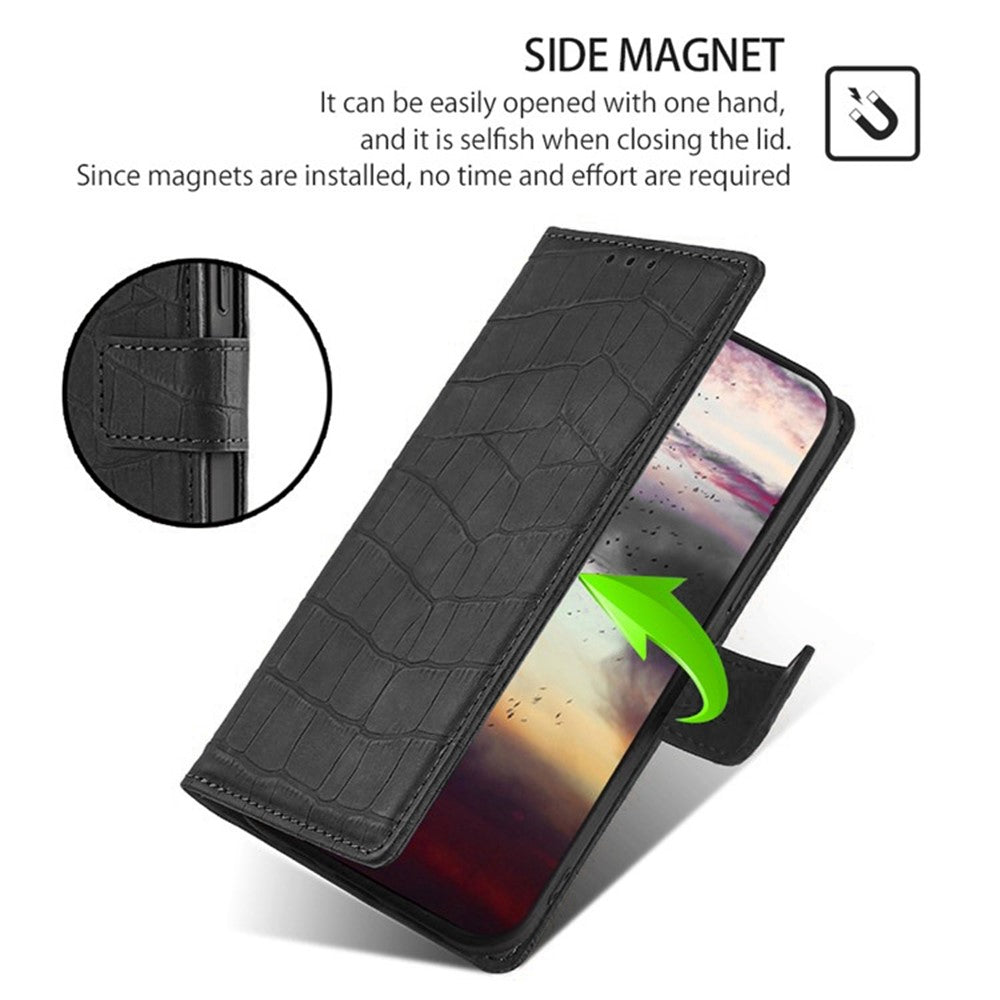 For Oppo Reno13 F 5G  /  4G Leather Case Wallet Stand Crocodile Texture Mobile Phone Cover - Black