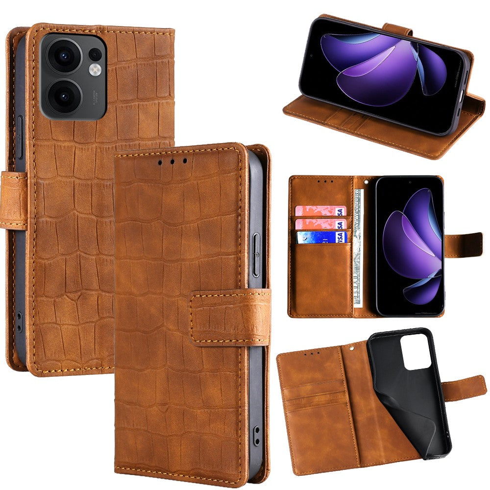 For Oppo Reno13 F 5G  /  4G Leather Case Wallet Stand Crocodile Texture Mobile Phone Cover - Brown