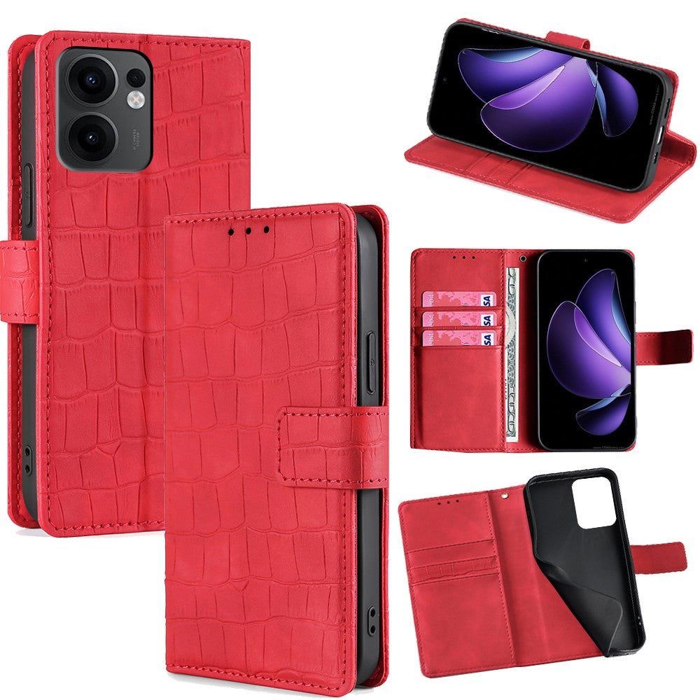 For Oppo Reno13 F 5G  /  4G Leather Case Wallet Stand Crocodile Texture Mobile Phone Cover - Red