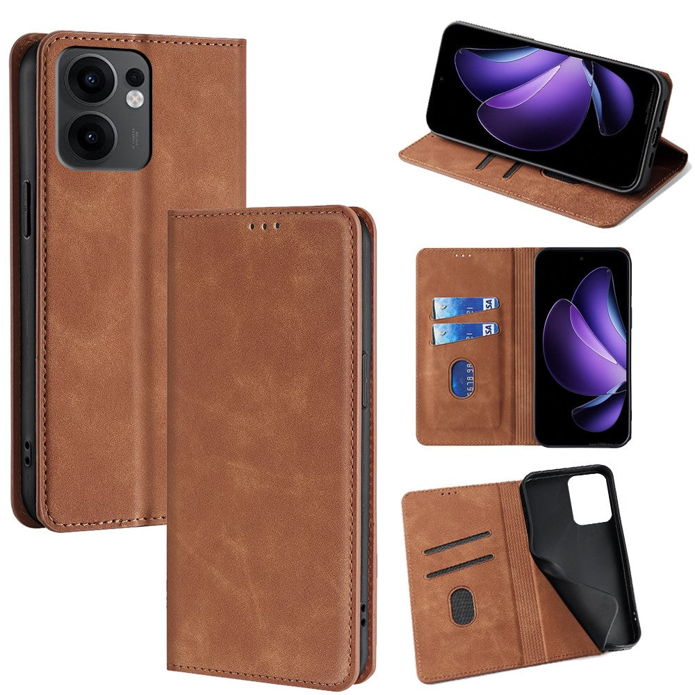 For Oppo Reno13 F 5G  /  4G Card Holder Case PU Leather Magnetic Closing Phone Cover - Light Brown