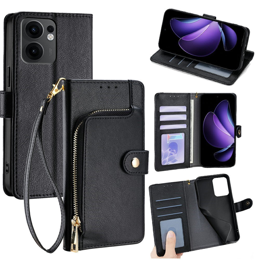 For Oppo Reno13 F 5G  /  4G Case Zipper Pocket PU Leather Wallet Flip Phone Cover - Black