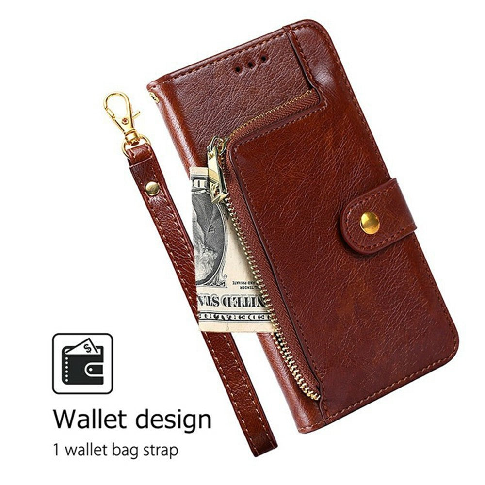 For Oppo Reno13 F 5G  /  4G Case Zipper Pocket PU Leather Wallet Flip Phone Cover - Brown