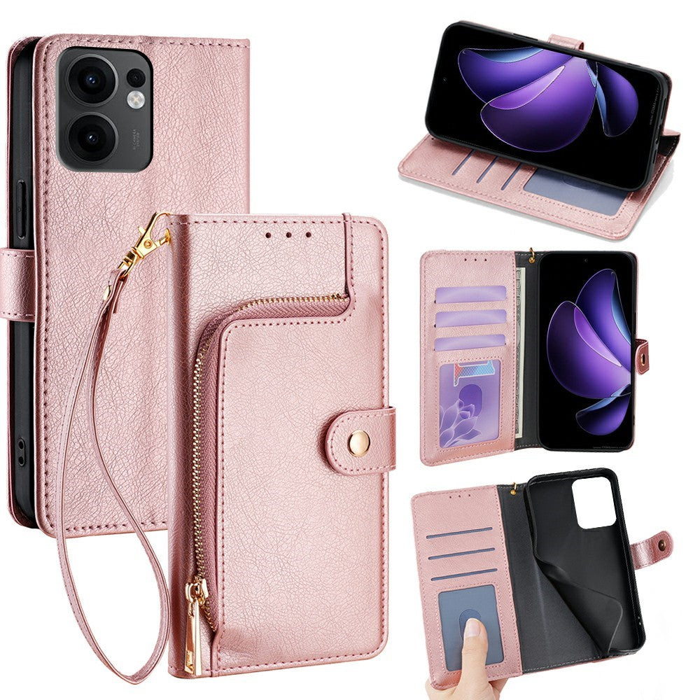 For Oppo Reno13 F 5G  /  4G Case Zipper Pocket PU Leather Wallet Flip Phone Cover - Rose Gold