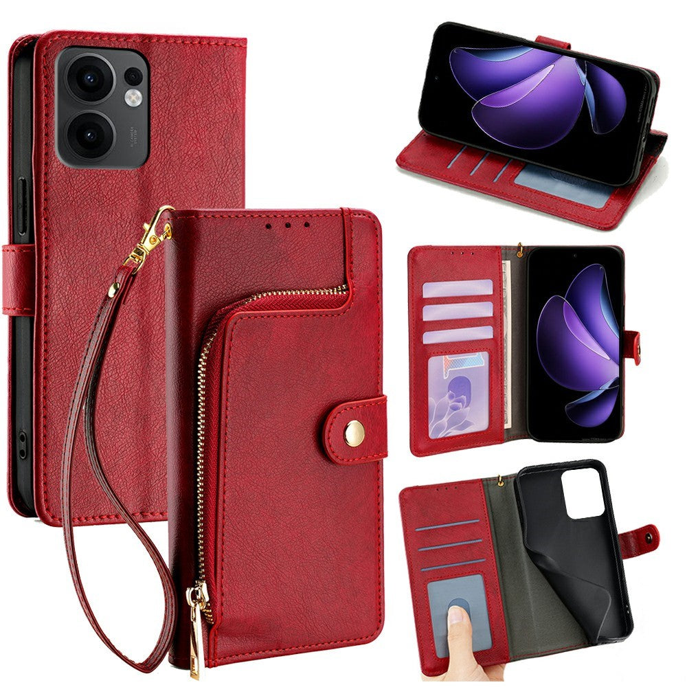 For Oppo Reno13 F 5G  /  4G Case Zipper Pocket PU Leather Wallet Flip Phone Cover - Red