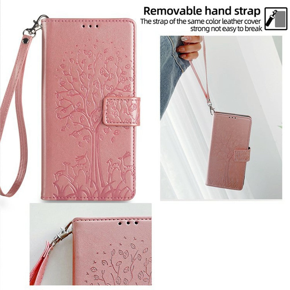 For Oppo Reno13 F 5G / 4G Case PU Leather Wallet Phone Cover Tree Deer Imprinted - Rose Gold