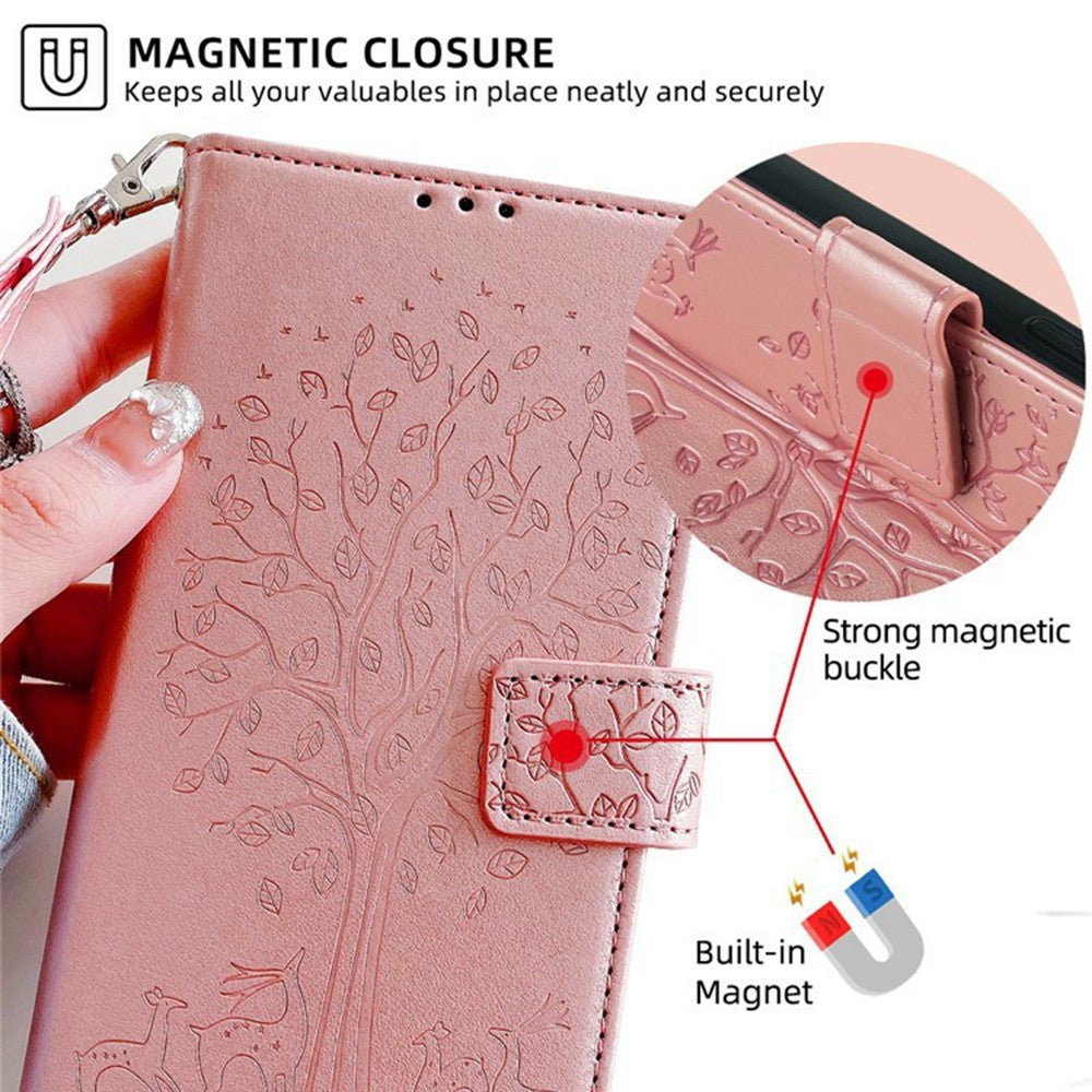 For Oppo Reno13 F 5G / 4G Case PU Leather Wallet Phone Cover Tree Deer Imprinted - Rose Gold