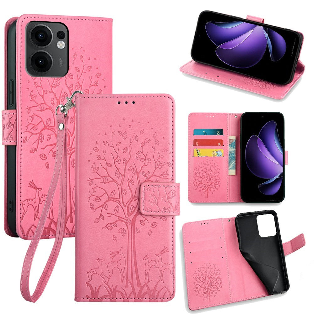 For Oppo Reno13 F 5G / 4G Case PU Leather Wallet Phone Cover Tree Deer Imprinted - Pink