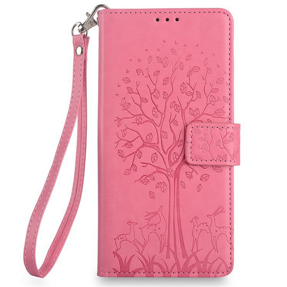For Oppo Reno13 F 5G / 4G Case PU Leather Wallet Phone Cover Tree Deer Imprinted - Pink