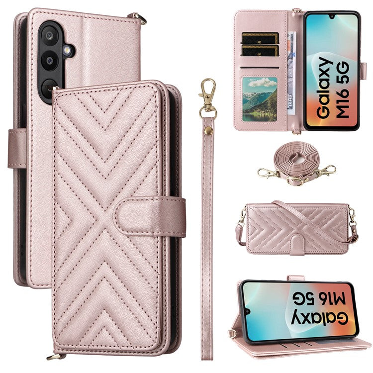 For Samsung Galaxy M16 5G / F16 5G Wallet Case with Shoulder / Wrist Strap Leather Phone Cover Stand - Pink