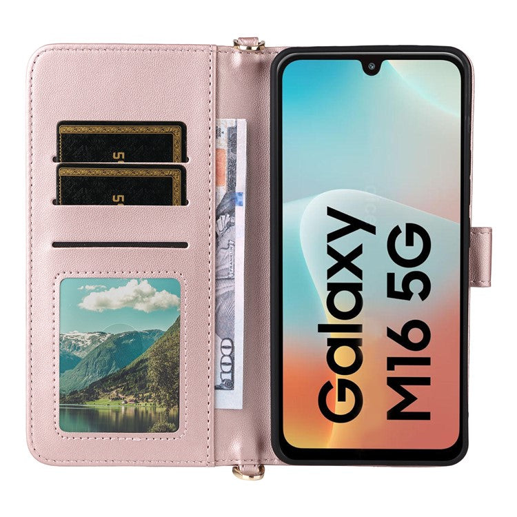 For Samsung Galaxy M16 5G / F16 5G Wallet Case with Shoulder / Wrist Strap Leather Phone Cover Stand - Pink