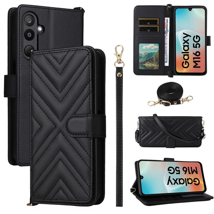 For Samsung Galaxy M16 5G / F16 5G Wallet Case with Shoulder / Wrist Strap Leather Phone Cover Stand - Black